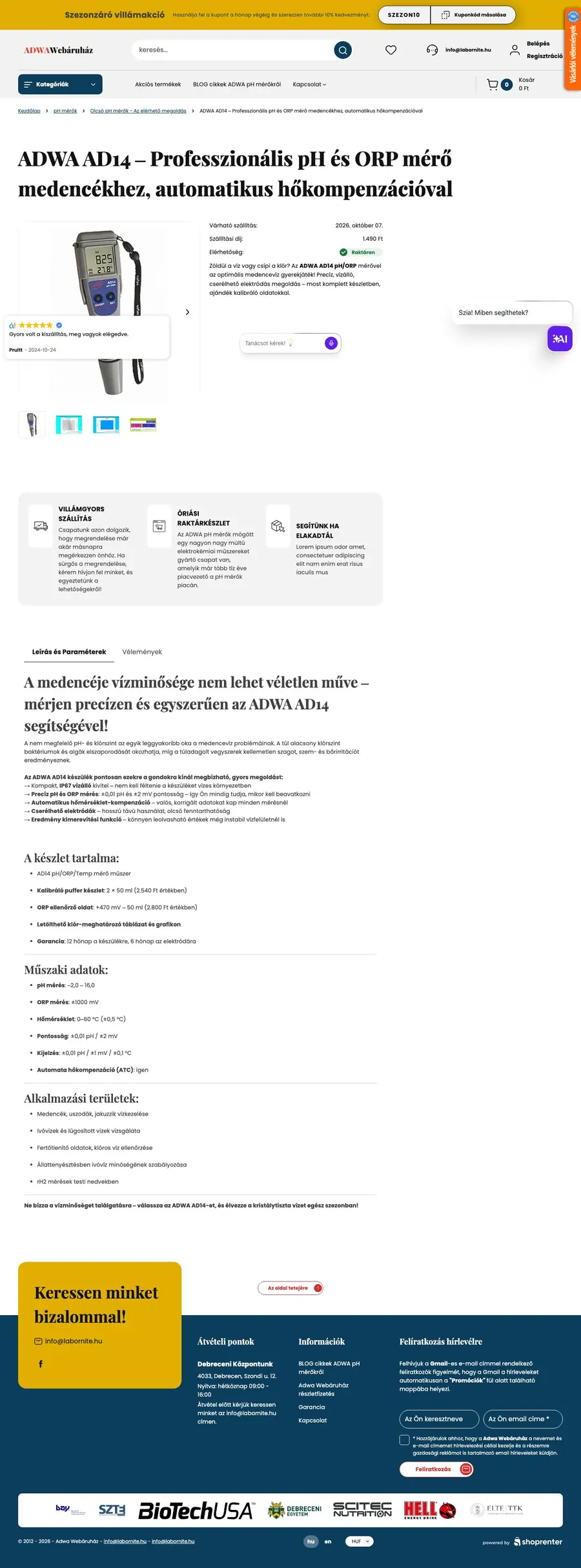 ADWA Webáruház: Termékoldal: ADWA AD14 medencevíz-mérő – asztali nézet az átköltözés előtt